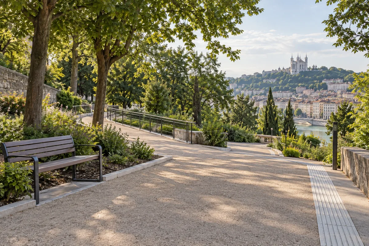 Cheminement et terrasse dans un environnement arboré